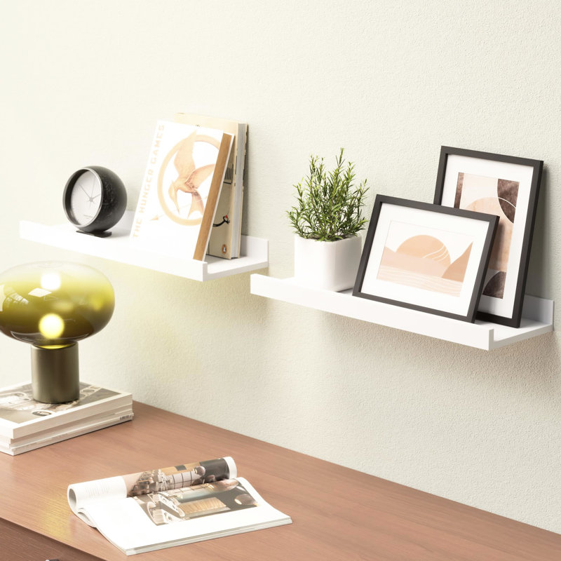2 Modern White Wall Mounted Shelves. Engineered Wood Made, 20 Lbs Load-Bearing Ability. Style Your Room. Easy Installation Guide Supplied. Show Decorative Items Of 2 Composition, Supporting Weight.