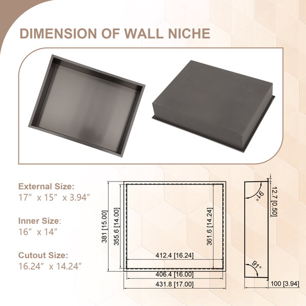 17x15 SUS304 Rectangular Recessed Shower Niche Dimension Diagram