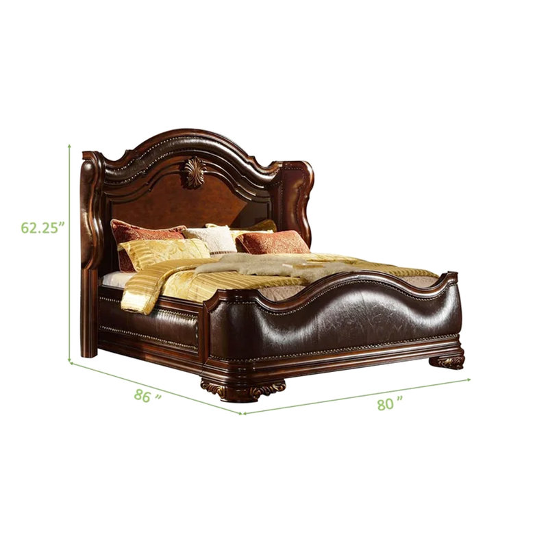 Très grand lit 4 pièces avec composants rembourrés, aspect noyer foncé, dessus en marbre sur la commode et la table de chevet, rangement pleine extension