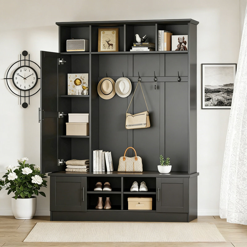 Versatile 3-In-1 Hall Tree With 6 Hooks, Farmhouse Walnut Storage Bench, 55"W Entryway Coat Rack With Multiple Storage Space For Mudroom, Hallway