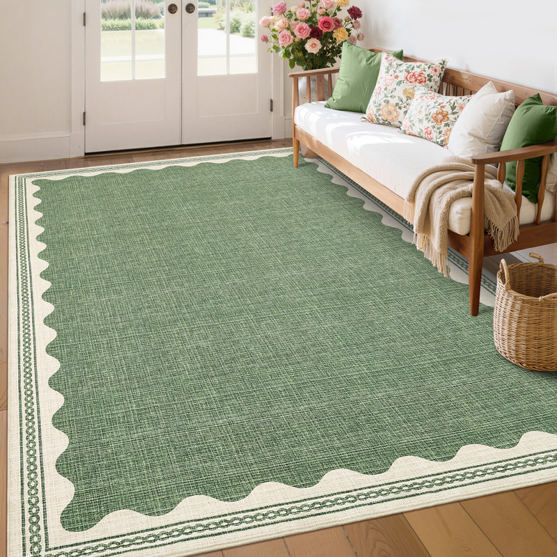 Tapis festonné et lavable pour tapis de chambre à coucher moderne, Vert, Rectangle 7 pi x 9 pi