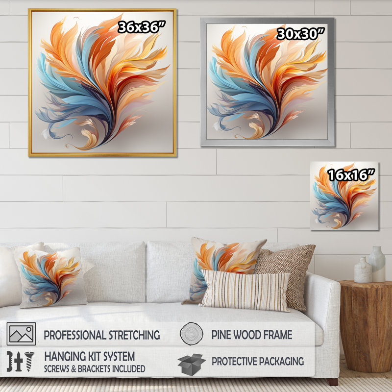 Fractale, plume bohémienne orange et turquoise - art mural plumes, Cadre flottant érable, H 24 po x l 24 po x P 1 po