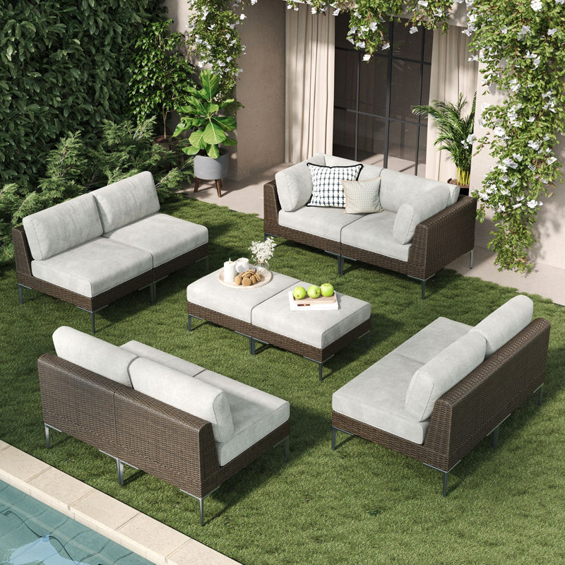  10-piece Wicker Rattan Patio Furniture Set, Deep Seating Outdoor Modular Sectional Sofa Conversation Set With Thick Cushions For Lawn, Garden