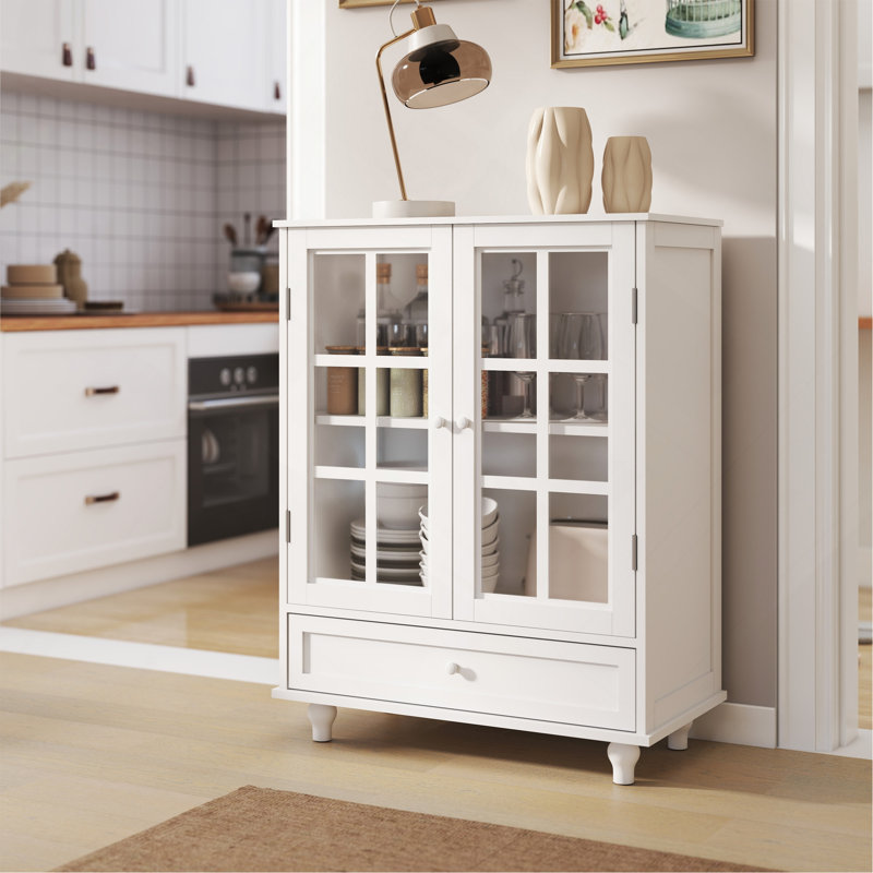 Minimalist Buffet Cabinet With Double Glass Doors And Drawer, Modern Wooden Storage Sideboard Cupboard For Living Room, Dining Room Hallway Entryway