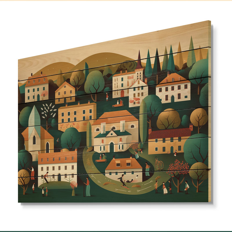 «Small Town Village I», reproduction de paysage moderne sur bois de pin naturel, H 10 po x l 20 po x P 0,78 po