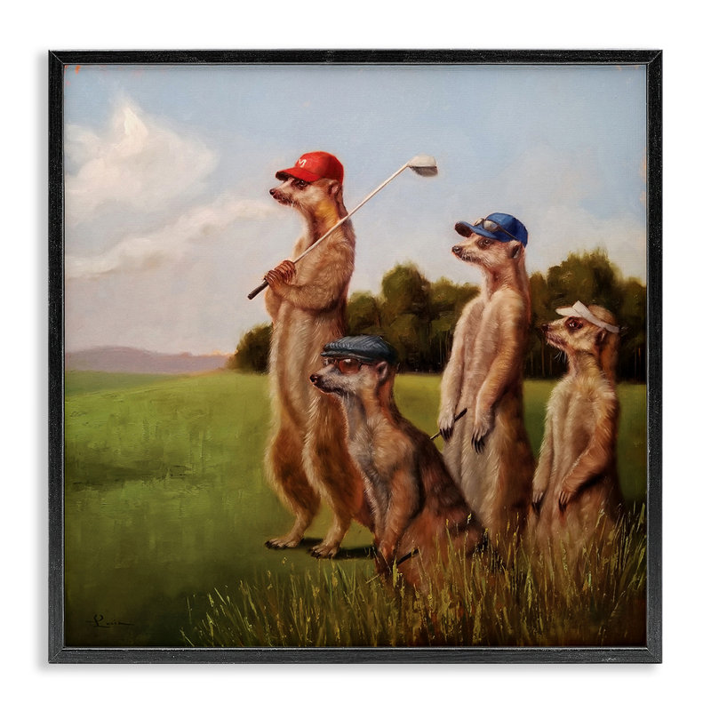Suricates jouant au golf, impression sur toile, H 12 po x l 12 po, Giclée encadrée noir minuit