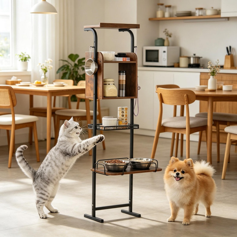 Distributeur de nourriture pour animaux 49 x 28 cm (19,3 x 11 pouces) en acier inoxydable, silicone et céramique, couleur beige, rangement intégré, étanche et antidérapant