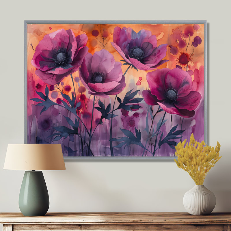 Décoration mauve délicate mauve rouge - coquelicots, Encadrement argenté, H 12 po x l 20 po