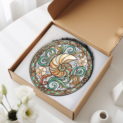 Nautilus Shell Stained Glass Window Panel，7.8H