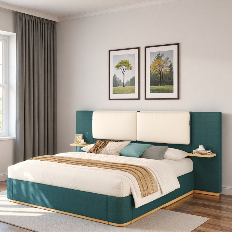 Lit plateforme tapissier avec tablettes, Vert / Beige, Grand lit