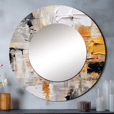 Shalesh beige et doré cubiste kaléidoscope III - grand miroir cubique, miroir mural décoratif rond moderne, impression d'art en métal