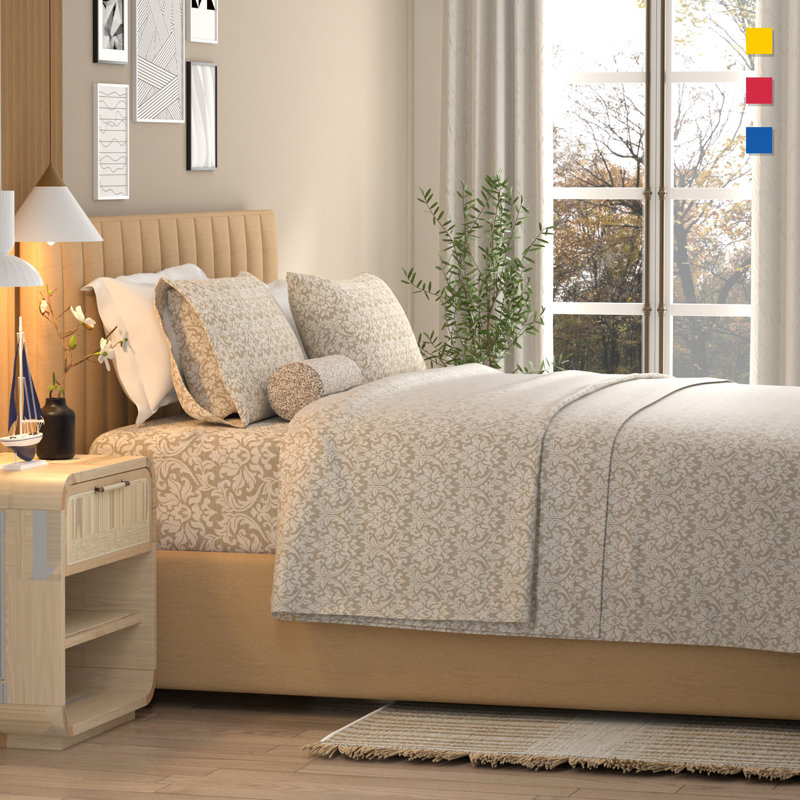 100% Cotton Lightweight Percale Weave Sheet Set, Queen Sheet Set with 2 Pillowcases, Addison Damask Linen Damask