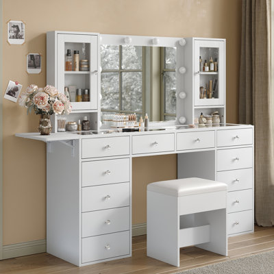 Makeup Vanity With Mirror And 10 LED Lights,Vanity Desk With 12 Drawers And 2 Cabinets, Glass Top Vanity Set With Power Outlet, Fold-Up Panel