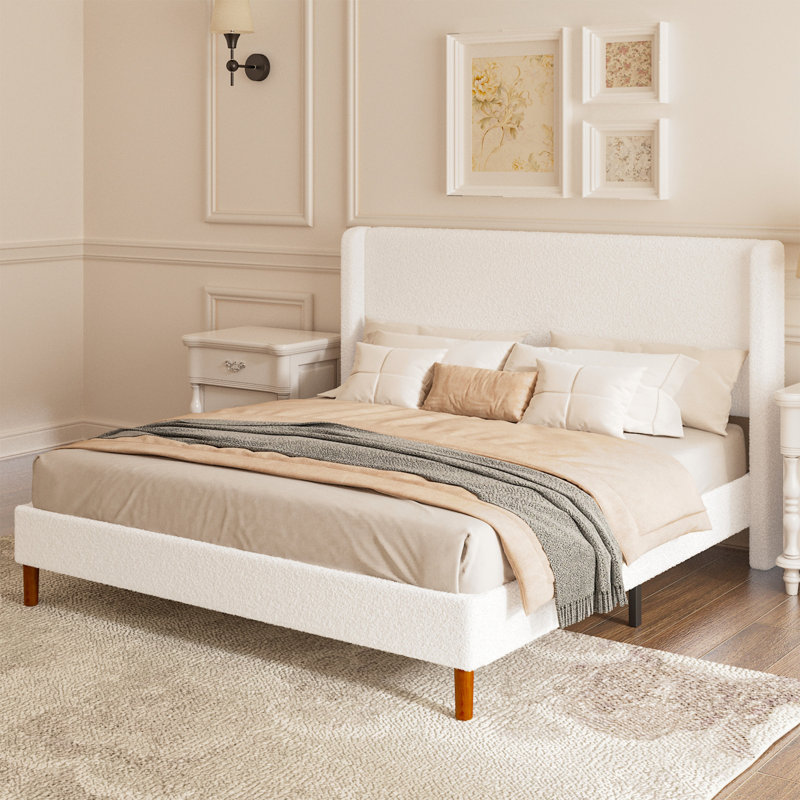 Structure de très grand lit, lit plateforme tapissier avec tête de lit à oreilles Boucle, support de lattes en bois robuste, sommier anti-bruit sans sommier, assemblage facile, blanc