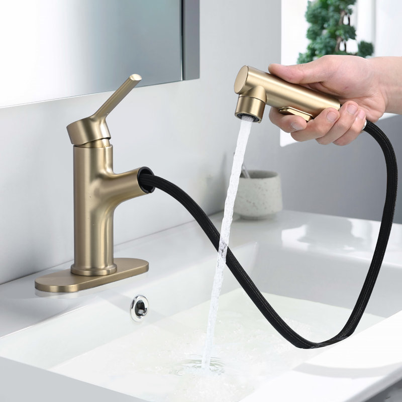 Pull Out Bathroom Faucet, Single Hole Bathroom Sink Faucet with 3 Sprayer Modes Pull Down Sprayer, Brushed Gold