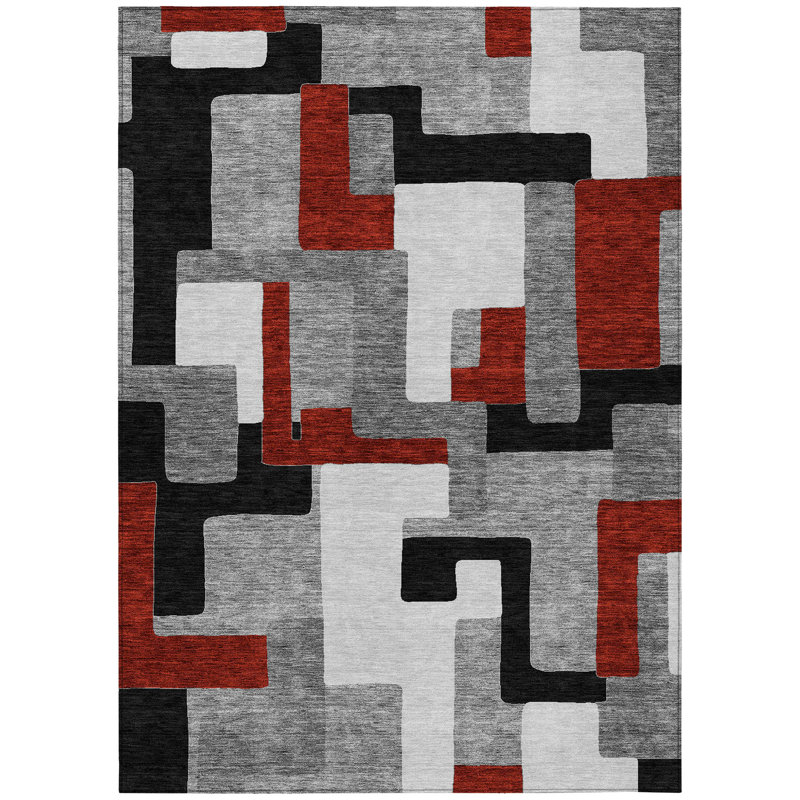 Gray Geometric Washable Synthetic Indoor/Outdoor Rug 3' x 5'