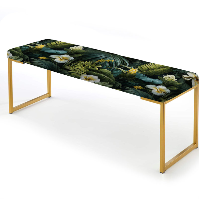 Tropical Hibiscus Foliage Collage - Floral Upholstered Gold Bench