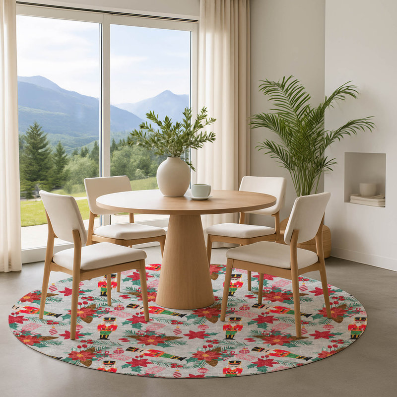 Premium Machine Washable Dockside AMF1822 Nutcracker and Poinsettia Rug, Round 8'