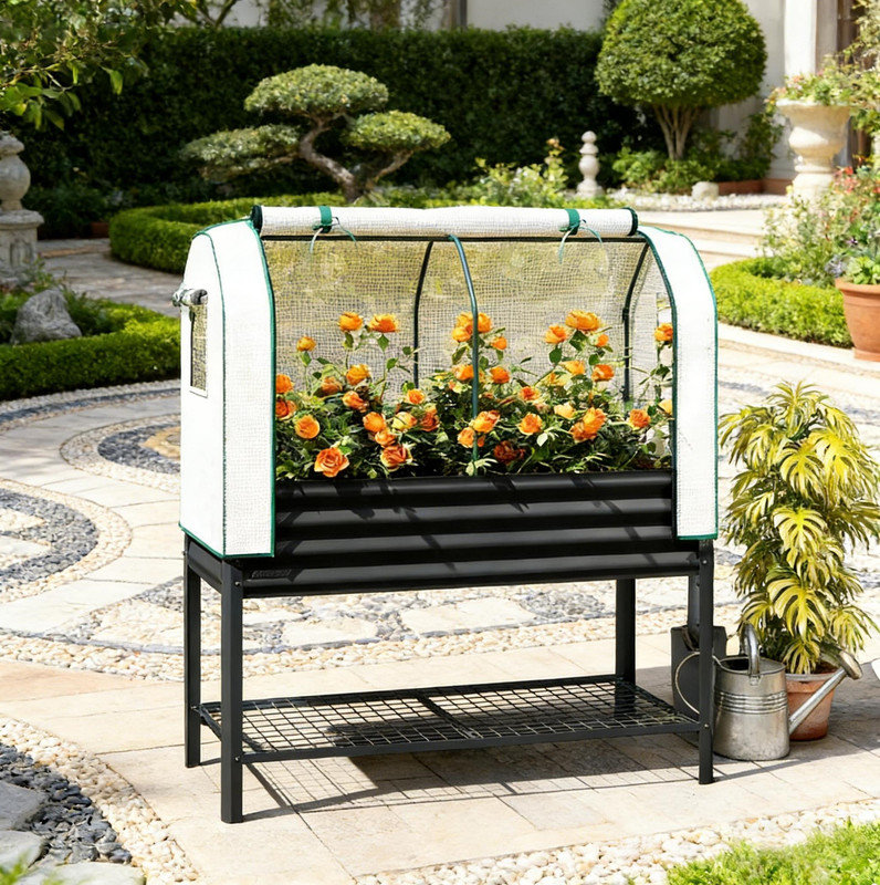 Outdoor Plant Boxs,Raised Garden Bed,Spacious Flower Boxs, Black, Black/White