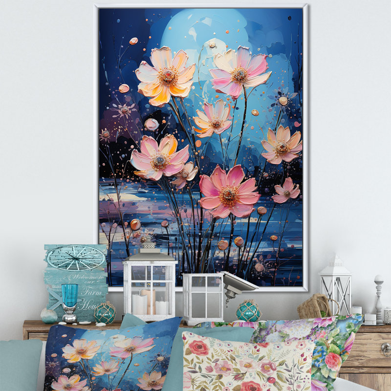 «Zinnias Blooms» sur toile rose, Cadre flottant blanc, H 40 po x l 30 po x P 1,5 po