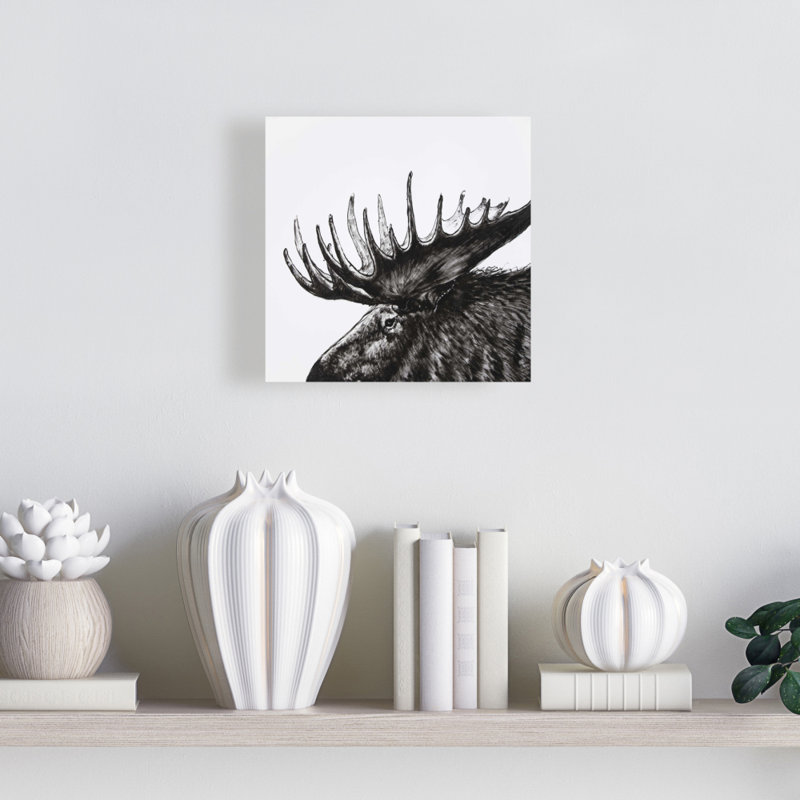 Toile blanche à plumes d'orignaux | Art animalier cerf pour la décoration intérieure, H 8 po x l 8 po, White/Grey/Black