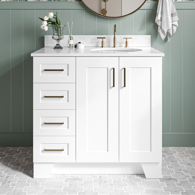 Meuble-lavabo simple en bois massif 37 po Freitas blanc avec plateau en marbre de Carrare 0,75 po, évier droit décalé, Oui