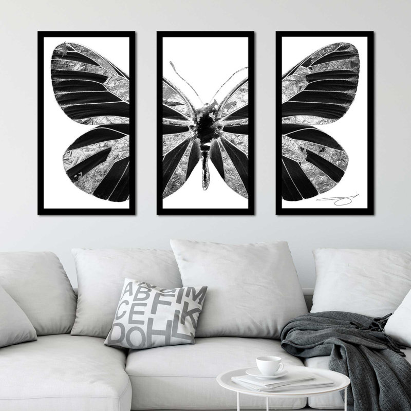 «Silver Butterfly» par Jodi - 3 pièces encadrées, L 40,5 po x H 25,5 po x P 1 po