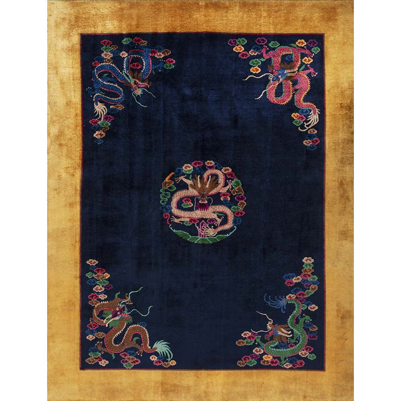 Rectangle 1920s Hand Knotted Pile Floral Medallion Wool Antique Blue Rug