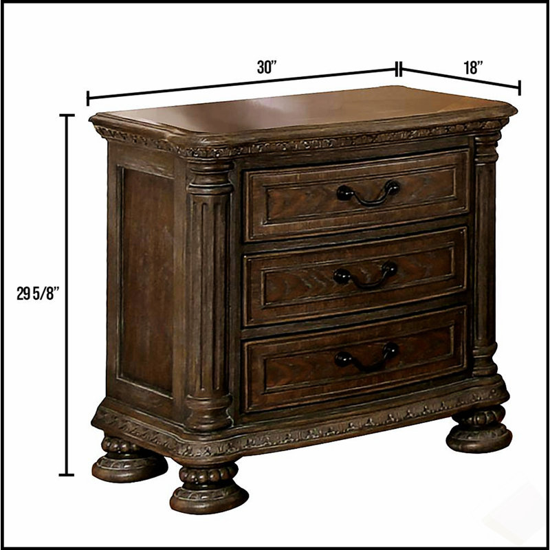 Table de chevet traditionnelle en bois massif rustique avec 3 tiroirs et poignées en bronze, parfaite pour le rangement et l'élégance