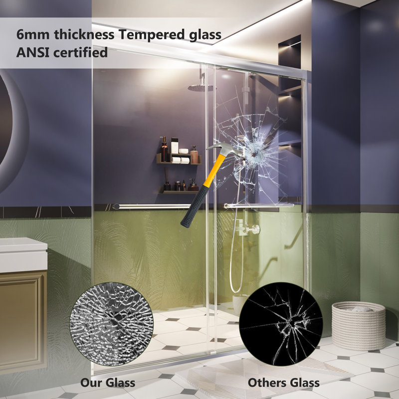  51–54 in W x 72 in H Modern Double Sliding Shower Door, 1/4 in (6mm) Tempered Glass, Chrome Aluminum Frame, Chrome