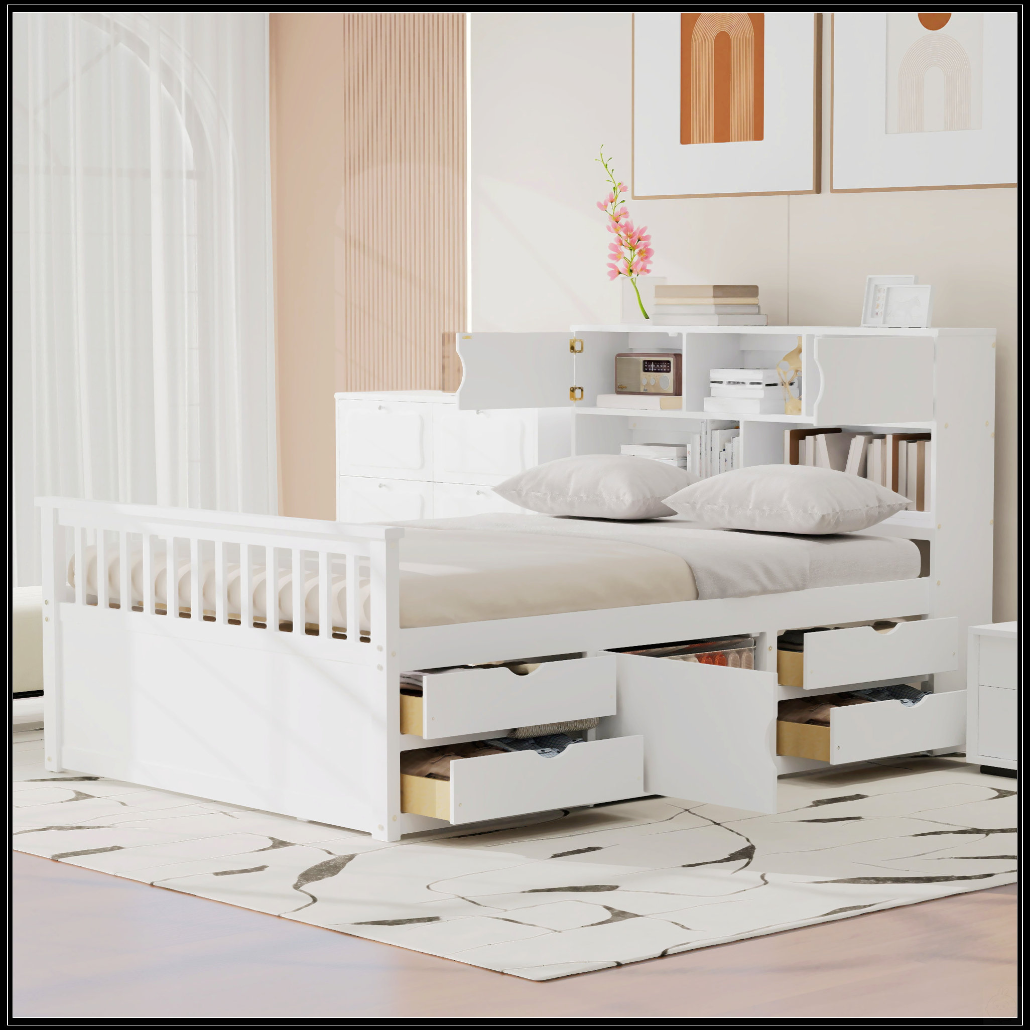 Gracie Oaks Full Size Captain Platform Bed Frame With Storage Bookcases ...