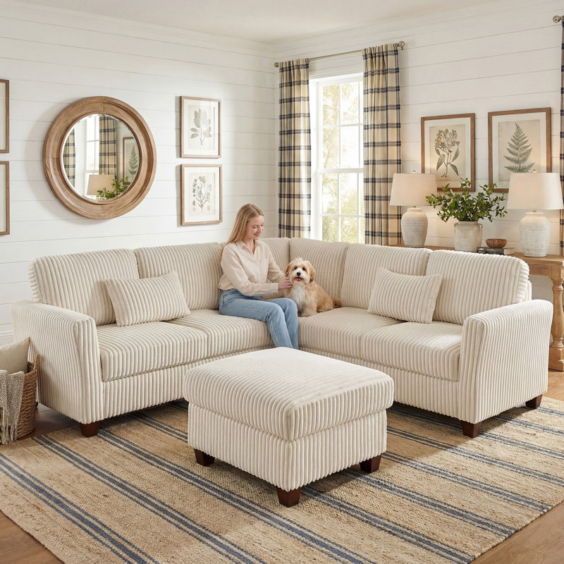 90.6In Corduroy L-Shape Sectional With Storage Ottoman, Beige Corduroy