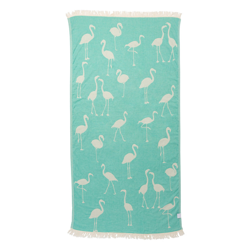 Chanyah Flamingo Turkish Beach Towel, 100% Cotton Sand Resistant Peshtemal, Thin and Lightweight, 68" x 35", Mint