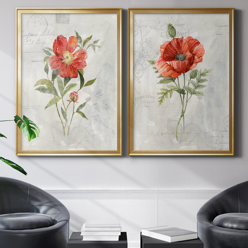Lin pivoine - ensemble de 2 reproductions d'art, Toile encadrée dorée, Pas de tapis, H 22,5 po x l 61 po x P 1,5 po