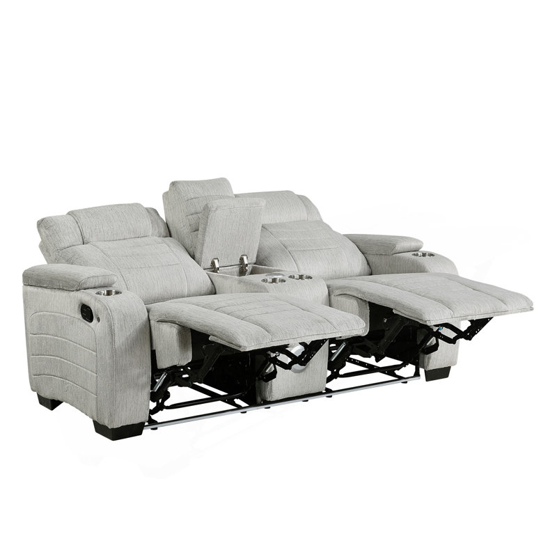 Ensemble de canapés inclinables à DEL de luxe 3 pièces gris clair avec causeuse et accoudoirs avec porte-gobelet et porte-gobelets