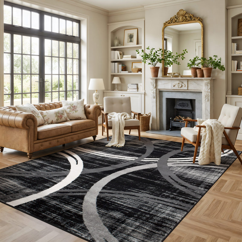Tapis à motif géométrique Arnaldur, Rectangle 7 pi 10 po x 10 pi 2 po, Black
