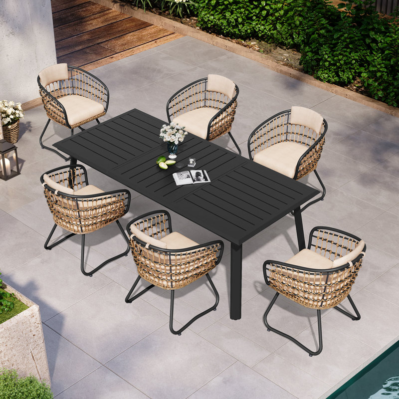 6 - Person Rectangular Aluminum Dining Set with Cushions and Umbrella Hole (Set of 7), Beige