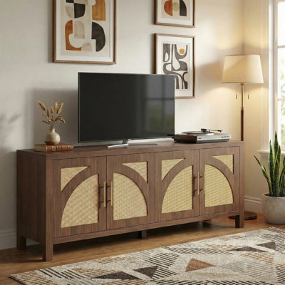 Boho PE Rattan TV Stand with Four Doors, Media Console Entertainment Center with Cabinets & Shelves, Storage Living Room Furniture by Dakota Fields