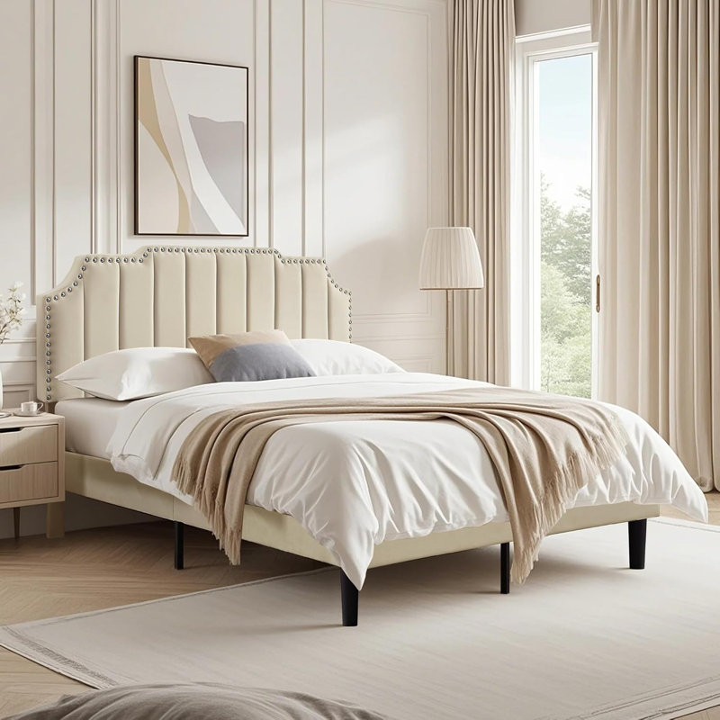 Grand lit tapissier avec 2 tables de chevet - Ensemble de chambre à coucher moderne, Grand lit, Blanc