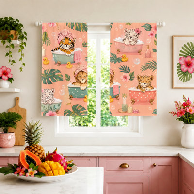 2Pcs Adorable Animal Bathtime Curtains, Cute Tiger and Leopard Print, Light Filtering for Bedroom, Nursery, Kids' Room Home Decor