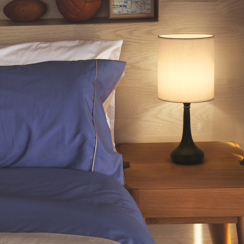 Bedside Table Lamps Line Fabric Lampshade Metal Lamp Base, White, 16.2" H x 7.1" W x 7.1" D, Black