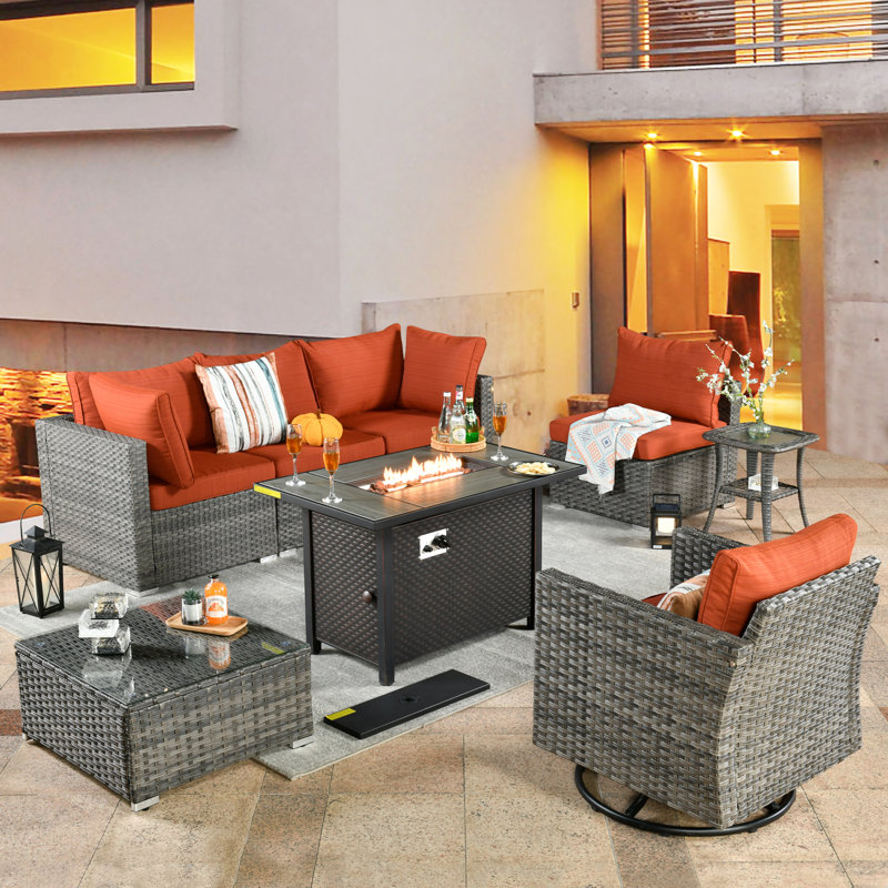 Premium All-Weather Wicker 4 - Person Patio Conversation Set with Cushions, Orange Red