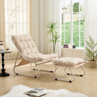 Méridienne d'extérieur pour patio avec repose-pieds, fauteuil inclinable confortable avec coussin gonflable et repose-pieds, idéale pour le salon, la chambre à coucher, la salle de lecture, structure beige avec coussin beige