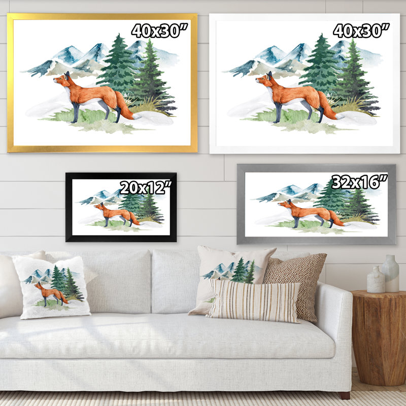 " Red Fox In Winter Forest Landscape " Painting Print, Gold Closed Corner Frame Canvas, 16" H x 32" W