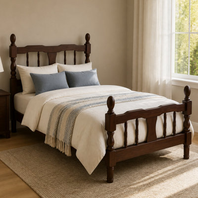 Twin Size Wood Platform Bed Frame, Spindle Headboard & Footboard, Wood Slats, Farmhouse Style, No Box Spring, Dark Walnut