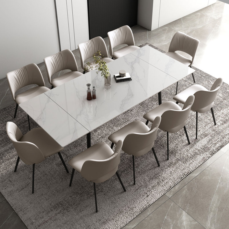 9-Piece Modern Extendable Dining Room Set, 94.5" White Marble Look Table with 8 Grey Upholstered Chairs, Tapered Metal Legs
