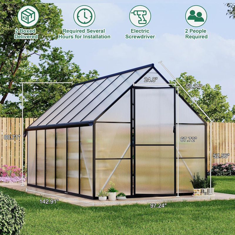 Serre en polycarbonate robuste à structure en aluminium avec structure à installation rapide et évent de toit pour grand ensemble de serre extérieur amélioré, 8 x 12 pi (noir)