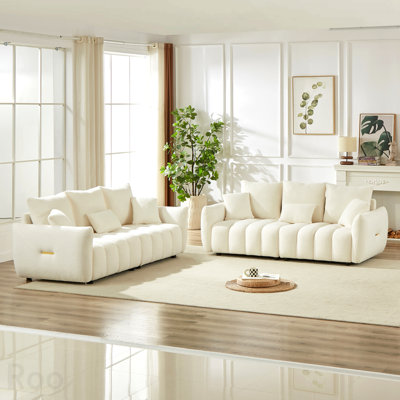3 Seater + 3 Seater Combo Sofa Modern Living Room Sofa, Teddy Sofa, Wooden Frame, 6 Cushions, Apartment Sofa Furniture