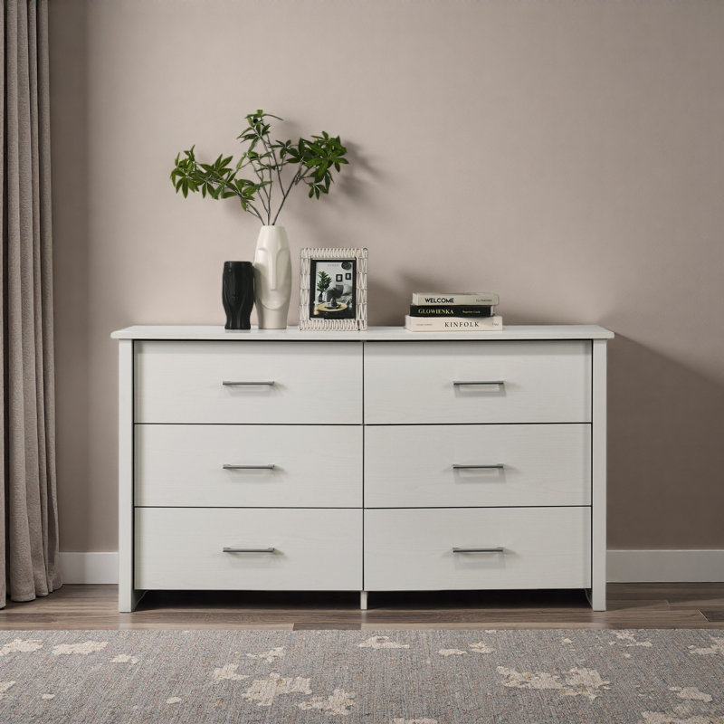 Commode 6 tiroirs 57 po avec poignées, Blanc