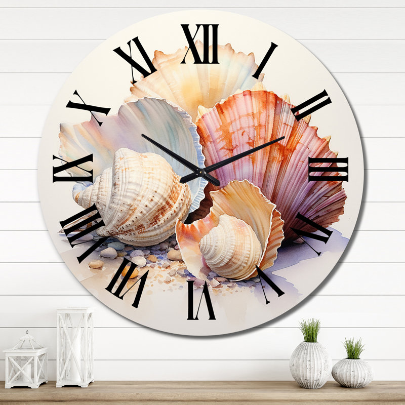 Horloge murale aquarelle, coquillages blancs, collage I, Très grand